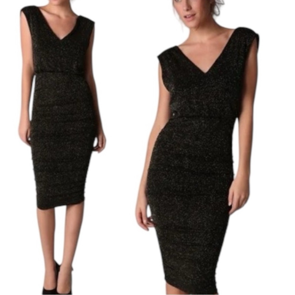 Alice + Olivia Ruched Bodycon Sparkly Glitter Party Cocktail Dress -Black -Small